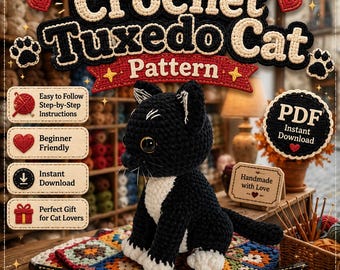 Crochet Tuxedo Cat Pattern, Black and White Kitten Amigurumi PDF Tutorial