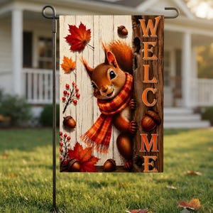 Fall Welcome Squirrel Garden Flag, Autumn Acorn Maple Leaf Yard Banner, Farmhouse Porch Outdoor Decor, Woodland Animal Sign