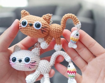 Calioの猫キーホルダー編み図、かわいい猫のぬいぐるみ編み図、ミニ猫