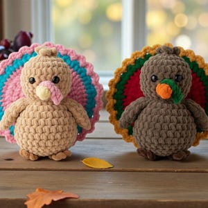 May include: Two crochet turkey figurines. One is tan with a pink and teal tail, the other is brown with a red, green, and yellow tail. Both have small black eyes, orange beaks, and are sitting on a wooden surface.