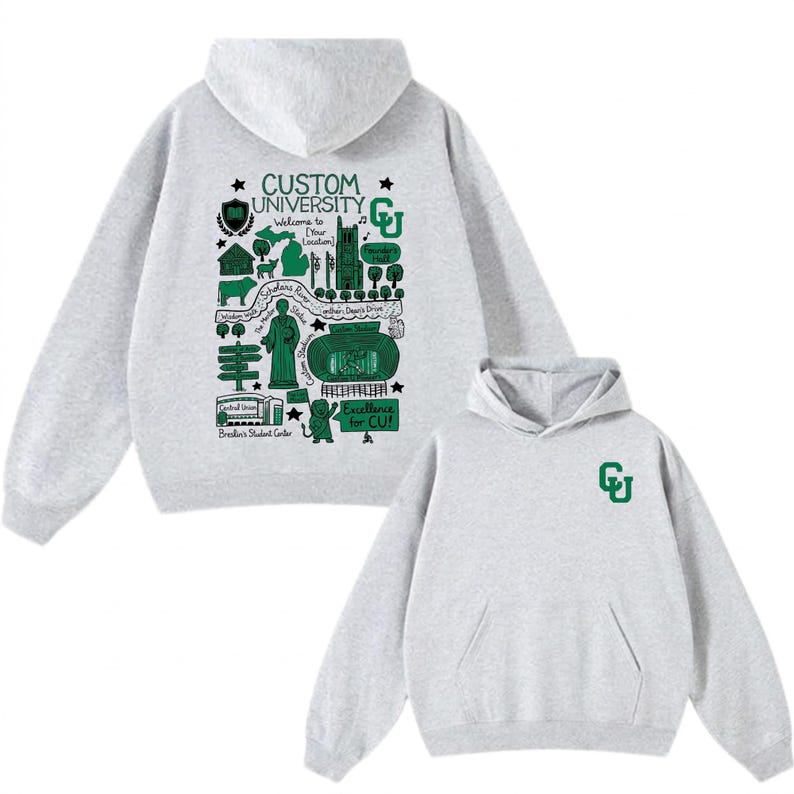 Puede incluir: Sudadera con capucha gris claro con bolsillo delantero y capucha. La parte delantera de la sudadera con capucha presenta un gr&aacute;fico verde con el texto "CUSTOM UNIVERSITY" y otros textos e ilustraciones. La parte posterior de la sudadera con capucha tiene un logotipo "CU" verde.