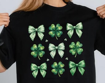 Cute St Patrick’s Day Shirt, Bow Shamrock tshirt,Sweatshirt and hoodie, Coquette Clover Crewneck
