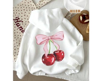 Women’s Cherry Bow Hoodie, Casual Drawstring Pullover, Cozy All-Season Sweatshirt