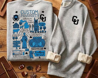Custom College Campus Crewneck Sweatshirt, Personalized University Illustration Hoodie, School Sketch Shirt
