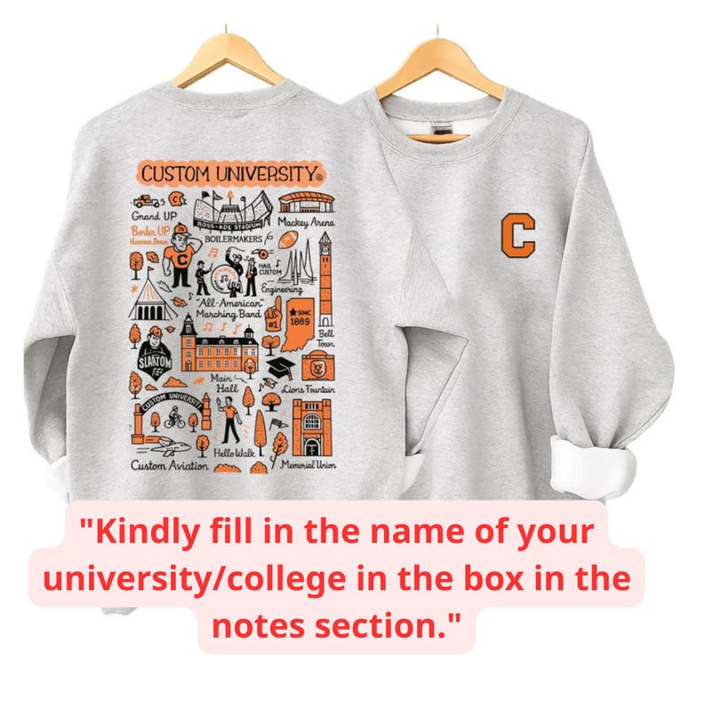 May include: Two light gray sweatshirts on wooden hangers. One features a large orange "C" on the front. The other has a detailed orange and black graphic with the text "CUSTOM UNIVERSITY" and various university landmarks. The text "Kindly fill in the name of your university/college in the box in the notes section." is at the bottom.