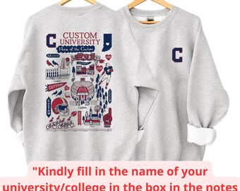 Custom College Hand Sketched T-Shirt, Personalized University Crewneck Sweatshirt, Vintage Alumni Gift, Gameday Outfit