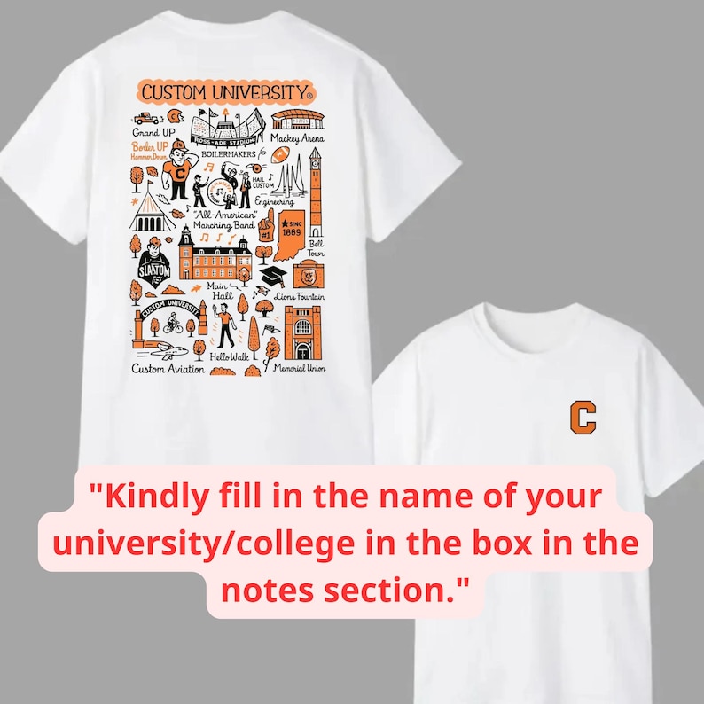 May include: White t-shirts with custom university designs. One shirt features a detailed orange and black graphic with university landmarks and text. The other shirt has a small orange "C" on the chest. The shirts are for a college or university.