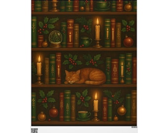 May include: A cozy illustration of a bookshelf filled with books, candles, and holiday decorations. A sleeping orange cat rests on a shelf. The scene is warm and inviting, with a vintage aesthetic.