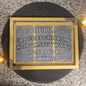Hand-Painted Ouija Board Decor: Macabre Gothic Art, Halloween Spooky Sign, Gold and Blue, Gift for Men or Women