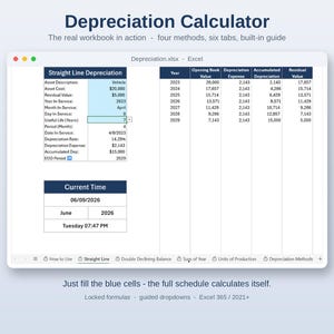 May include: A digital Depreciation Calculator spreadsheet displayed in an Excel window. The interface features a Straight Line Depreciation table with blue input cells, a year-by-year schedule, and a Current Time box. Tabs include How to Use, Straight Line, Double Declining Balance, Sum of Year, Units of Production, and Depreciation Methods.