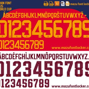 Puede incluir: Gráfico con dos conjuntos de fuentes para la Copa Mundial de España 2026. El conjunto superior es amarillo sobre fondo rojo, con el texto "SPAIN FONT 2026 WORLD CUP". El conjunto inferior es granate sobre fondo negro. Se muestra el sitio web www.mazufontlocker.com.