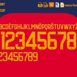 Può includere: Un design grafico con il testo "SPAIN FONT 2026 WORLD CUP" in giallo. Il design include l'alfabeto e i numeri 0-9 in un carattere grassetto senza grazie, su uno sfondo rosso con un bordo blu.