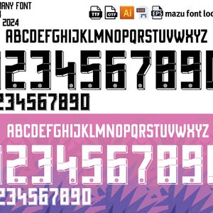 Op de afbeelding: Een digitale afbeelding met een lettertypeontwerp met de naam "GERMANY FONT 2024 EURO 2024". Het ontwerp bevat hoofdletters, cijfers 1-0 en wordt gepresenteerd in zowel zwart-wit kleurenschema's. Bestandstype-pictogrammen zijn ook aanwezig.