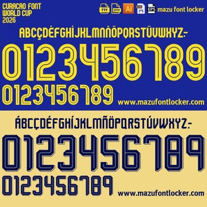 以下が含まれることがあります： Curacao Font World Cup 2026と題されたデジタルフォントのディスプレイで、2組の英数字セットが表示されています。上段は青い背景に黄色の文字と数字、下段は薄い黄色の背景に濃い青色の文字が配置されています。どちらにもURL www.mazufontlocker.comが含まれています。