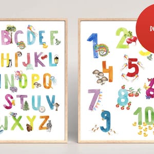May include: Two framed watercolor prints. One features the alphabet with colorful letters and whimsical illustrations. The other displays numbers 1-10, each adorned with charming images. A red circle with "PDF DOWNLOAD" text is in the upper right corner.