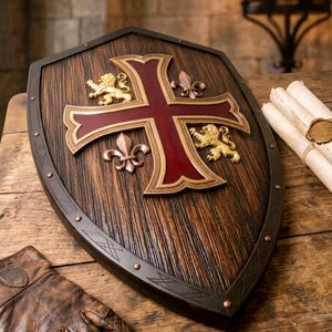 May include: A heater shield with a dark wood grain finish, featuring a central deep red cross with gold trim. Two gold lion figures and two metallic fleur-de-lis emblems are positioned in the quadrants. The shield has a dark metal border with rivets.
