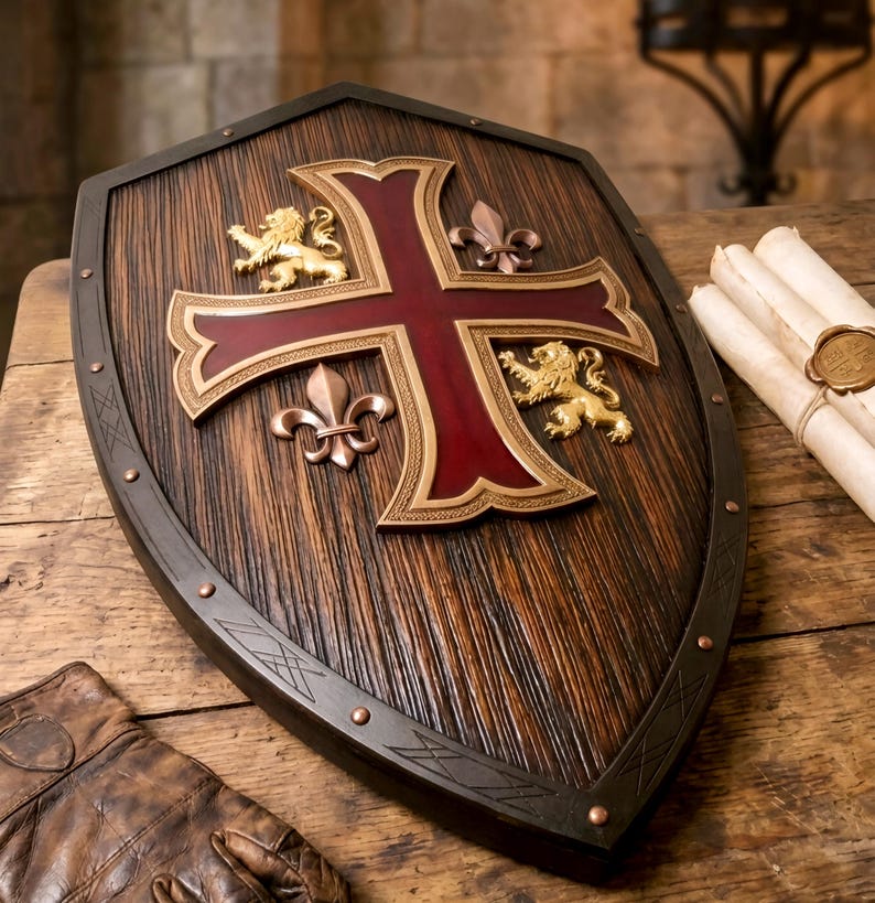 May include: A heater shield with a dark wood grain finish, featuring a central deep red cross with gold trim. Two gold lion figures and two metallic fleur-de-lis emblems are positioned in the quadrants. The shield has a dark metal border with rivets.
