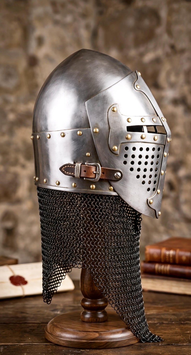 Pu&ograve; includere: Un elmo in stile medievale in acciaio lucido con visiera incernierata dotata di piastra frontale traforata, rivetti in ottone e un cinturino in pelle marrone con fibbia in metallo. Un camaglio in maglia metallica scura pende dalla base.
