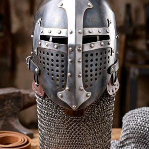 Pu&ograve; includere: Un elmo medievale in acciaio scuro con una piastra frontale argentata lucida a forma di croce, fessure per gli occhi e una visiera traforata. Una protezione in cotta di maglia pende dalla base dell'elmo, montato su un supporto in legno.