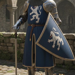 Pu&ograve; includere: Un'armatura medievale completa composta da un elmo in acciaio con visiera, una cuffia in cotta di maglia e una tunica blu con un emblema di leone bianco. L'armatura include guanti in metallo, schinieri e uno scudo blu con un leone bianco.