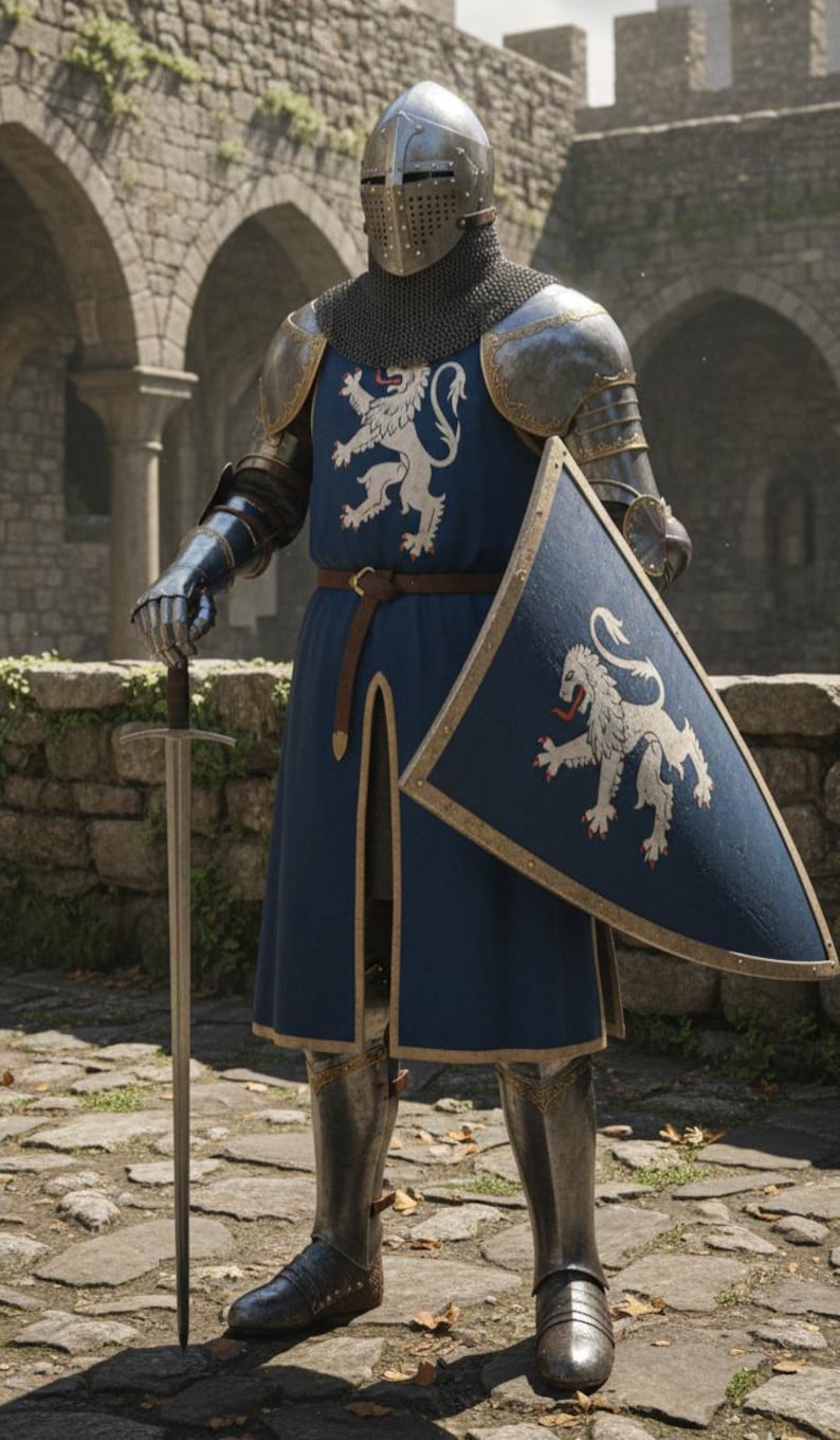 Pu&ograve; includere: Un'armatura medievale completa composta da un elmo in acciaio con visiera, una cuffia in cotta di maglia e una tunica blu con un emblema di leone bianco. L'armatura include guanti in metallo, schinieri e uno scudo blu con un leone bianco.