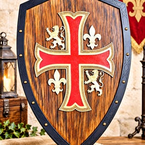 May include: A wooden shield featuring a central red cross with gold trim, flanked by two gold lions and two gold fleur-de-lis symbols. The shield has a dark black border with decorative etched patterns and is secured with small gold-colored rivets.