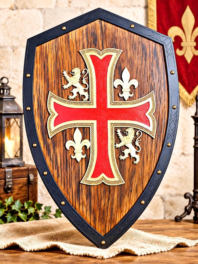 May include: A wooden shield featuring a central red cross with gold trim, flanked by two gold lions and two gold fleur-de-lis symbols. The shield has a dark black border with decorative etched patterns and is secured with small gold-colored rivets.