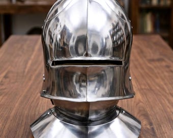 Mittelalterlicher Sallet-Helm mit Bevor – Gotischer deutscher Ritterhelm aus dem 15. Jahrhundert, Stahlhelm für LARP
