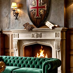 May include: A dark wood shield with a red cross, gold lion, and fleur-de-lis emblems mounted above a stone fireplace. The shield features a dark border with metal rivets. A pair of leather gloves and rolled parchment scrolls rest on the mantel.