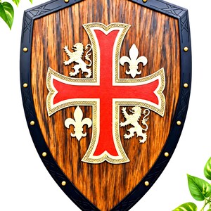 May include: A wooden shield with a dark wood grain finish and a black metal border featuring gold rivets. The center displays a large red cross with gold trim, flanked by two white lions and two white fleur-de-lis symbols on the wooden surface.