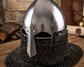Medieval Bascinet Helmet with Chainmail Aventail & Nasal Guard Knight Armor for Reenactment, SCA