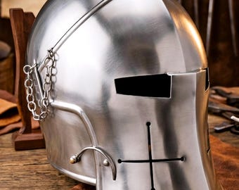 Elmo Barbuta medievale in acciaio calibro 18, armatura da cavaliere, cosplay, SCA, LARP, rievocazione storica