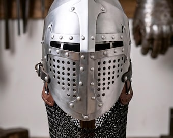 Medieval Hand Forged Steel Crusader Helmet Armor LARP Cosplay Costume with Chainmail Armor