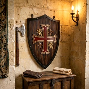 May include: A wooden shield featuring a central red cross, gold lion and fleur-de-lis emblems, mounted on a stone wall next to a metal battle axe. Below, a wooden chest holds a pair of brown leather gloves and a stack of rolled parchment scrolls.