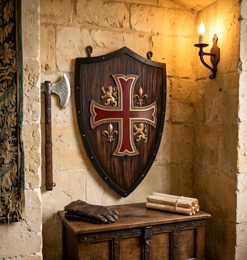May include: A wooden shield featuring a central red cross, gold lion and fleur-de-lis emblems, mounted on a stone wall next to a metal battle axe. Below, a wooden chest holds a pair of brown leather gloves and a stack of rolled parchment scrolls.