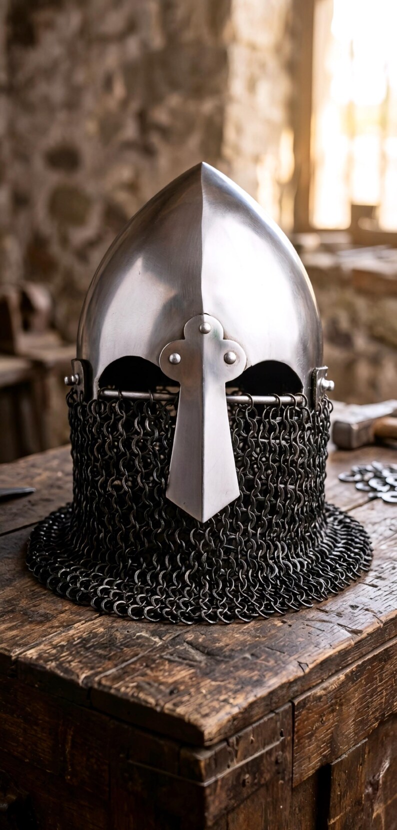 Medieval Bascinet Helmet With Chainmail Aventail & Nasal Guard Knight ...