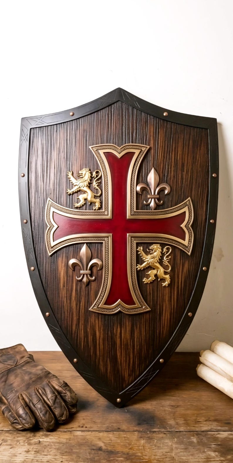 May include: A wooden shield with a dark brown textured finish and a black metal border featuring copper rivets. A large red cross is centered on the shield, flanked by two gold-colored lion figures and two gold-colored fleur-de-lis emblems.