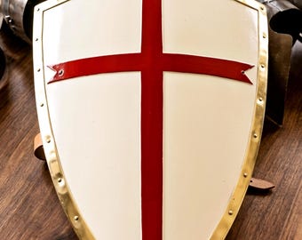 Medieval Knight Templar Shield Red Cross 18 Gauge Steel & Brass Crusader Shield LARP Armor