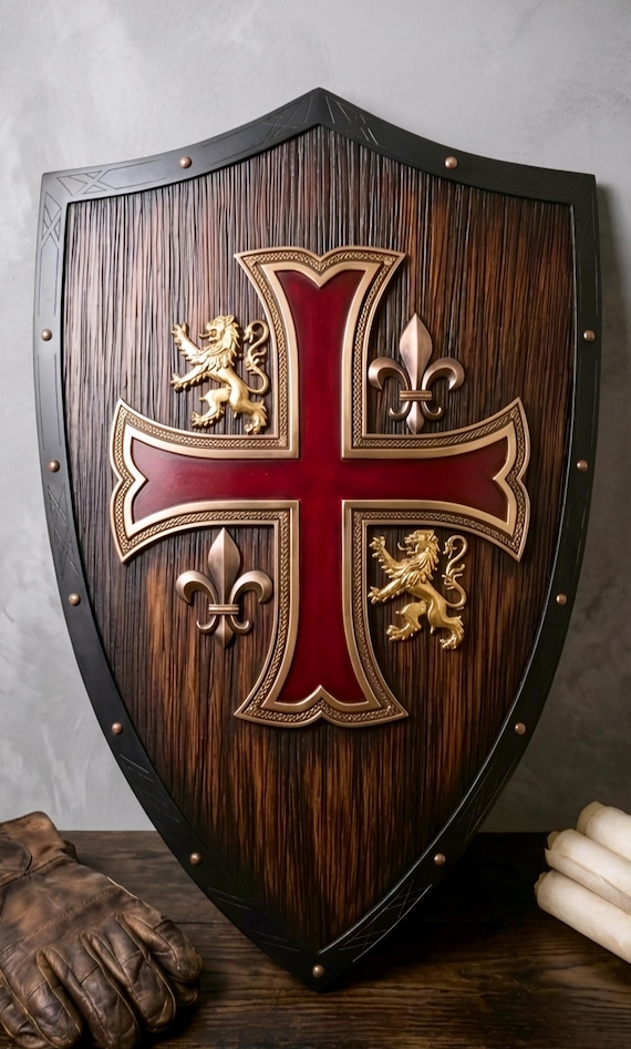 Handmade Templar Crusader Wooden Shield: Red Cross Lion Heraldic Wall Decor