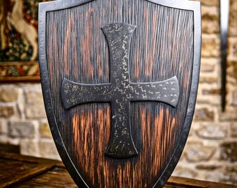 Medieval Wooden Shield Black Cross Knight Templar Wall Decor Handmade Crusader Shield