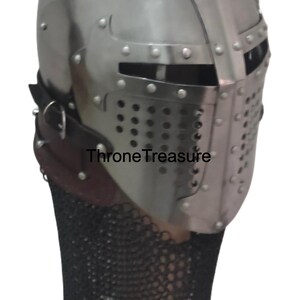 Elmo da crociato medievale in acciaio forgiato a mano, armatura LARP, costume cosplay con armatura in cotta di maglia immagine 11