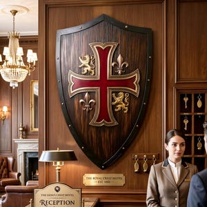 May include: A large wooden shield wall decoration featuring a central red cross, two gold lions, and two gold fleur-de-lis emblems. Below the shield, a brass plaque reads THE ROYAL CREST HOTEL EST. 1883, and a reception sign reads THE LION'S CREST HOTEL.