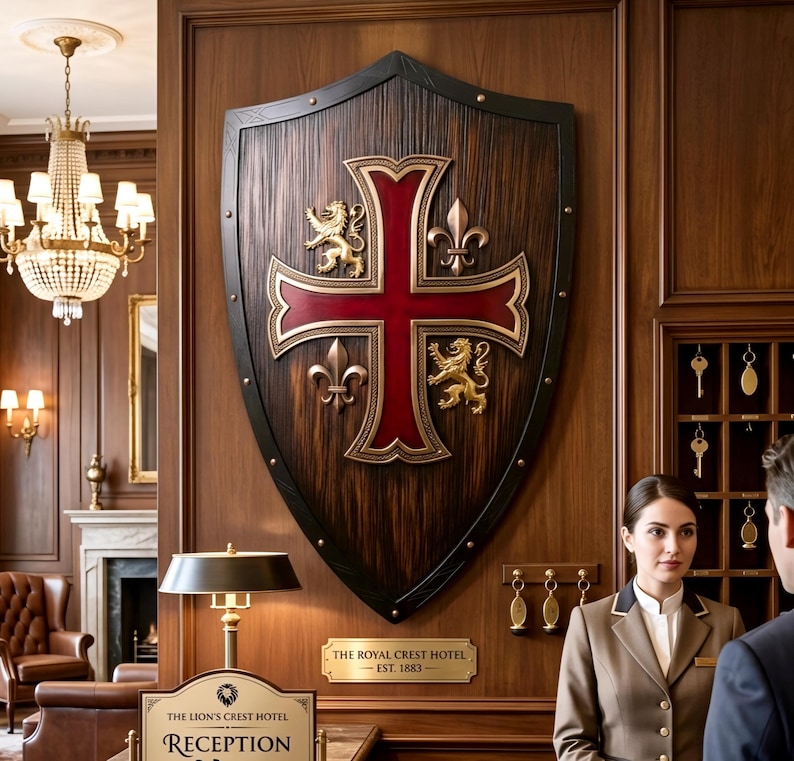 May include: A large wooden shield wall decoration featuring a central red cross, two gold lions, and two gold fleur-de-lis emblems. Below the shield, a brass plaque reads THE ROYAL CREST HOTEL EST. 1883, and a reception sign reads THE LION'S CREST HOTEL.