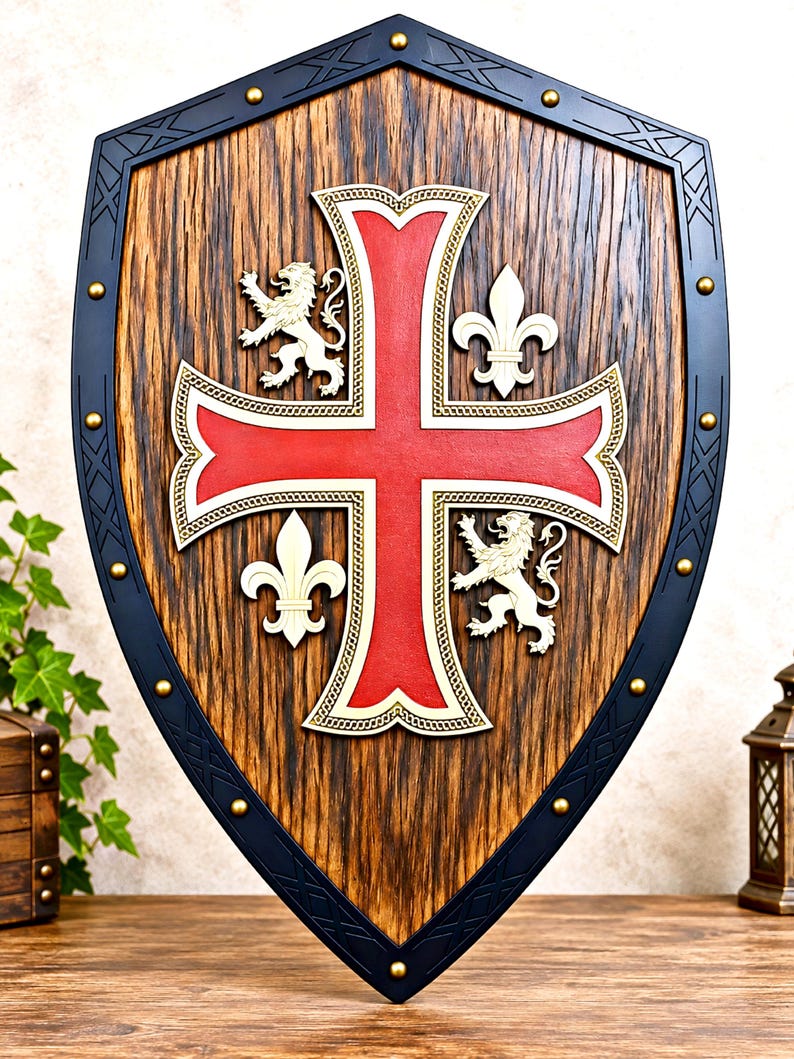 May include: A wooden shield featuring a central red cross with gold trim, flanked by two white lions and two white fleur-de-lis symbols. The shield has a dark wood grain finish and a black border accented with evenly spaced gold-colored metal studs.