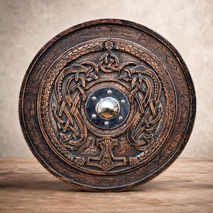 May include: A circular wooden shield featuring intricate relief carvings of two intertwined serpents, a central triquetra knot, and a hammer symbol at the base. The outer rim is decorated with engraved runes, and a polished silver metal boss sits in the centre.