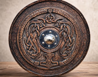 Hand Carved Viking Dragon Shield, Solid Wood, Antiqued Finish, LARP Cosplay Decor