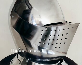 Mittelalterlicher Ritter Visier Helm Rüstung Gothic Kreuzritter Full Face Stahlhelm für LARP Cosplay