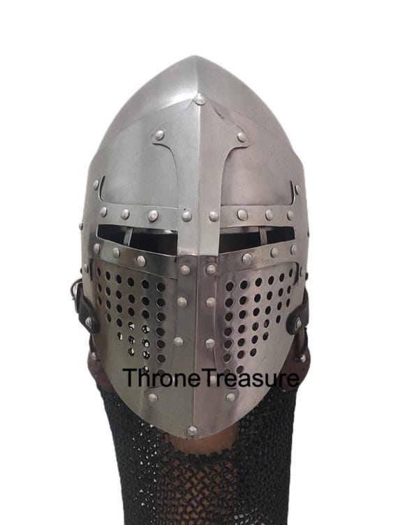 Medieval Hand Forged Steel Crusader Helmet Armor LARP Cosplay Costume with Chainmail Armor