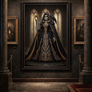 Könnte beinhalten: Ein kunstvolles Gemälde einer Figur in einem schwarzen und goldenen Kleid, die einen Stab mit einem Vogelschädel hält. Ein Rabe sitzt auf der Schulter der Figur. Das Kunstwerk wird in einer Galerie mit dunklen Wänden und gerahmten Gemälden ausgestellt.