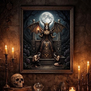Könnte beinhalten: Ein gerahmter gotischer Kunstdruck zeigt eine gehörnte Figur mit Fledermausflügeln, die eine Fackel hält und eine Krone trägt. Zwei Figuren knien betend vor der Figur. Die Szene spielt vor einem Vollmond und einem dunklen Wald. Kerzen und ein Schädel sind im Vordergrund.